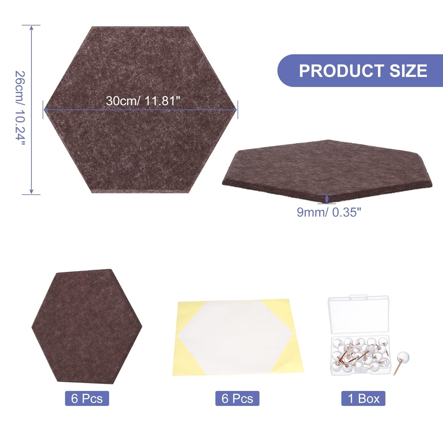 PATIKIL Felt Bulletin Board, 12"x10", 6 Packs Self Adhesive Hexagon Felt Tiles for Sound Proofing Wall Panels for Home Office Recording Studio,Game Room, Deep Coffee