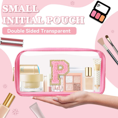 Small Clear Personalized Initial Makeup Bag, Preppy Nylon A-Z Chenille Letter Patch Makeup Organizer TSA Approved Travel Toiletry Bag,Waterproof Zip Beach Cosmetic Pouch Purse for Women(Pink-Pink P)