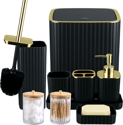 9PC Set Black and Gold Bathroom Accessories Set with Trash Can, Toilet Brush,Soap Dispenser, Q-Tip Holder | Modern Home Bath Essentials (Black and Gold)