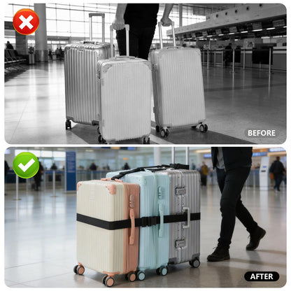3 Packs Luggage Straps for Suitcases, 2 Luggage Connector Straps & Elastic Strap, Connect Up to 4 Suitcases ＆ Add a Bag, Heavy Duty Adjustable Travel Belt for 20-32 Inch Luggage, Black
