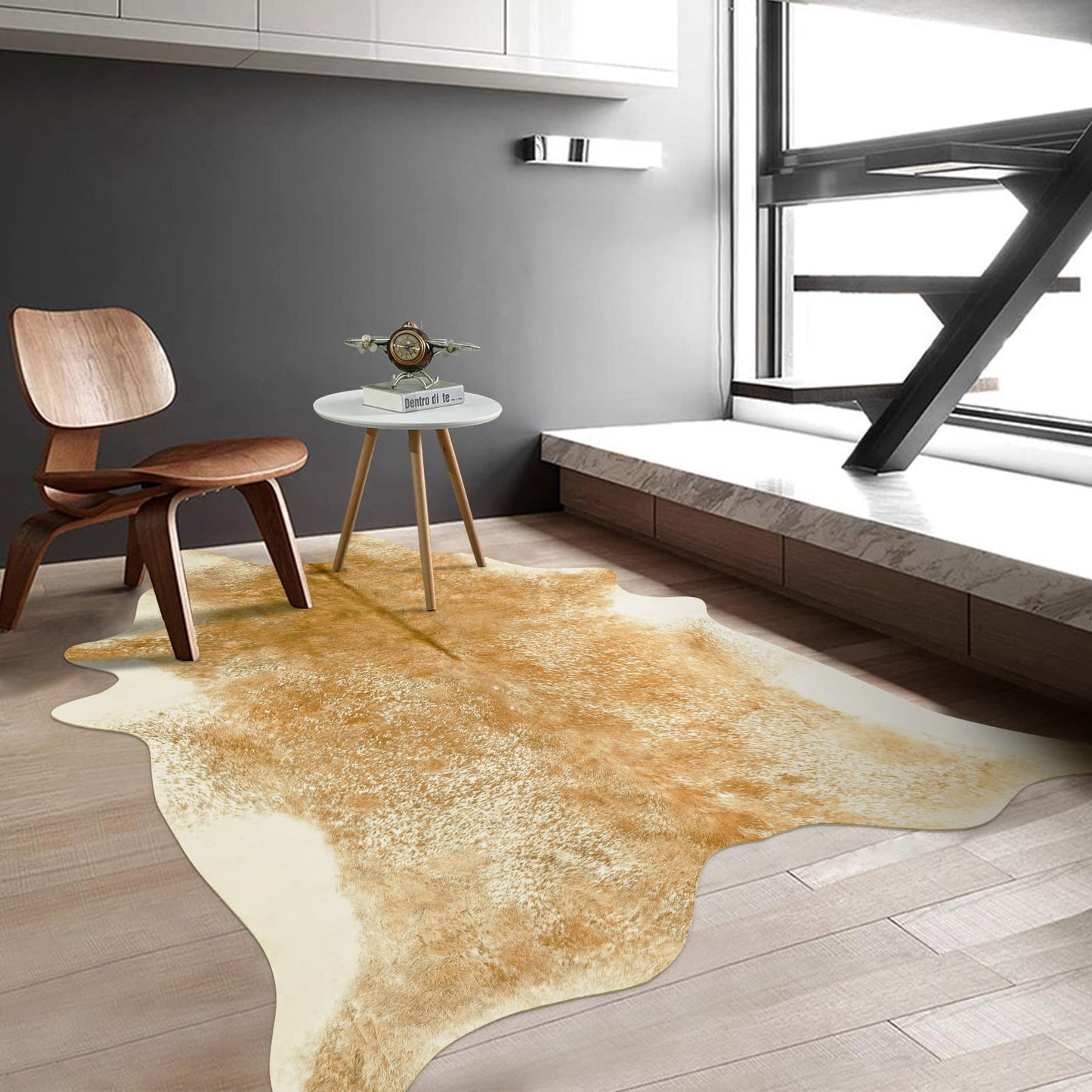 Rtizon Washable Cowhide Rug for Living Room, Large 6x7 Khaki Faux Cow Print Area Rugs, Non Slip Animal Skin Bedroom Carpet, Rustic Western Home Decor Fake Hide Floor Mat for Office Fireplace