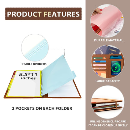 Ospelelf Clipboard with Storage for Men Women, Leather Padfolio Portfolio Organizer 5 Folders with 10 Pockets, Spiral Clipboard Folio with Notepad for Letter Size, Elastic Closure and Pen Loop Brown