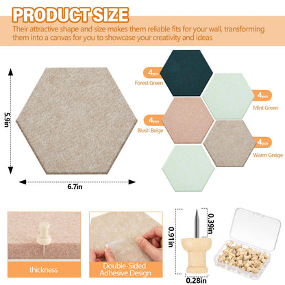 Mindsoft 16 Pcs Hexagon Cork Board for Walls with 50 Wooden Push Pins 6.7 x 5.9 in Felt DIY Tiles Notice with Nano Tape Hanging Bulletin Board for Home Photo Office Memo Note (Green)