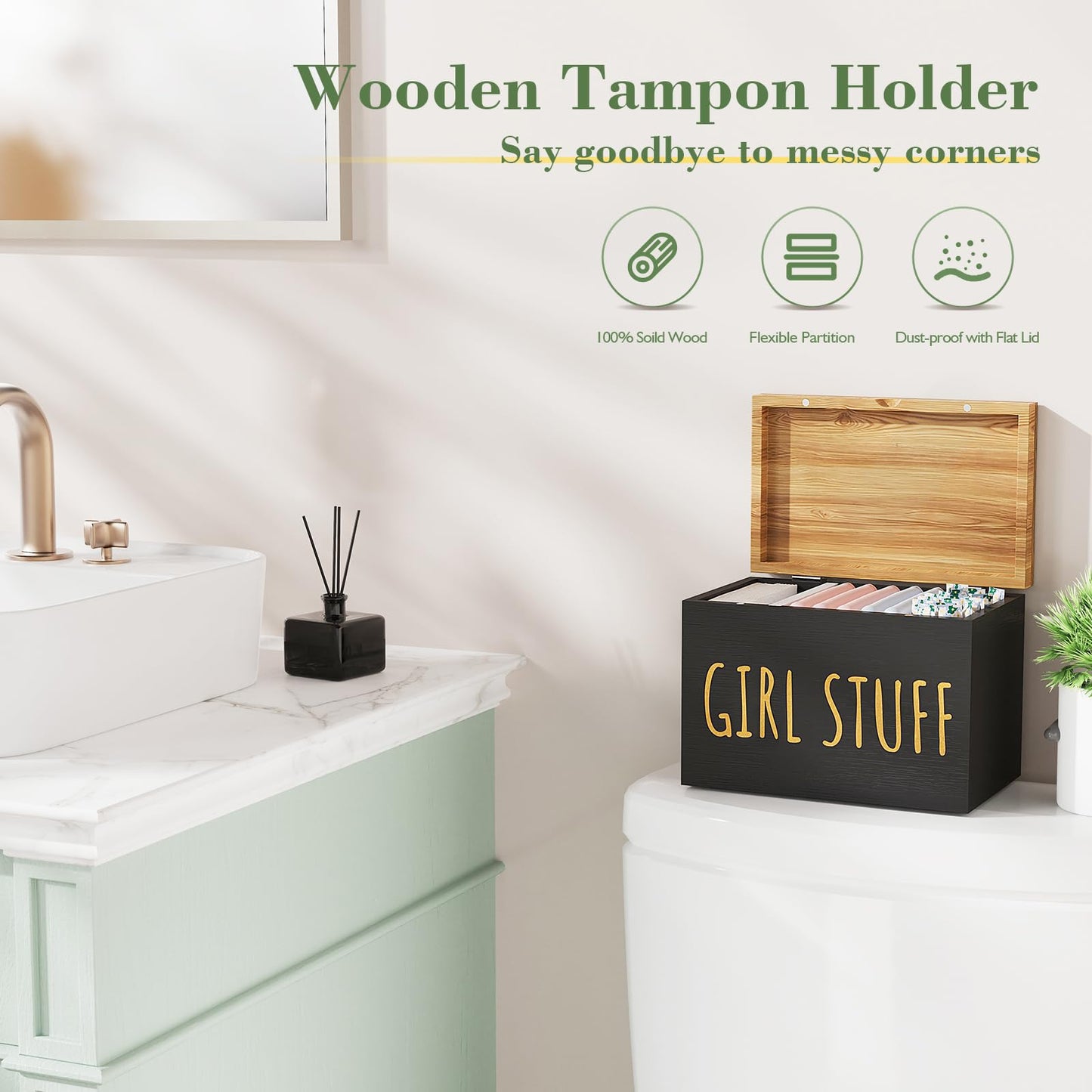 Nyellevario Tampon Holder for Bathroom with Hinged Lid, Feminine Product Organizer, Tampon Storage, Bathroom Period Products, Toilet Organizer, Bathroom Accessories Box for Girl Stuff (Black)