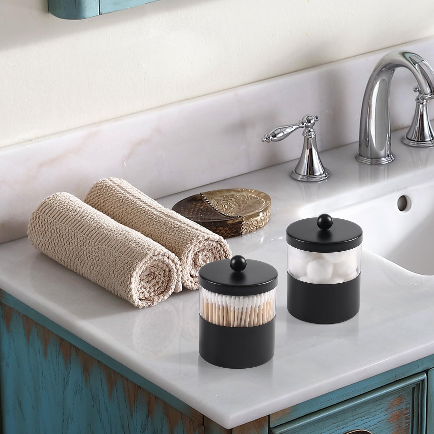 Gaussra Black Apothecary Jars, Black Qtip Holder - Stainless Steel Bathroom Jar with Stickers - Farmhouse Decor Qtip Dispenser for Qtips, Cotton Balls, Swabs, Makeup Sponges (2-Pack)