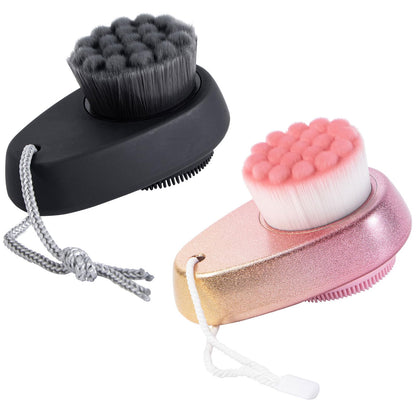 2 Pack Facial Cleansing Brush 2 in 1 for Face Exfoliation, Soft Bamboo Charcoal Microfiber Bristle Dual Face Silicone Scrubber Brush for Pore Deep Cleansing Skincare with Lid, Black+Gradient