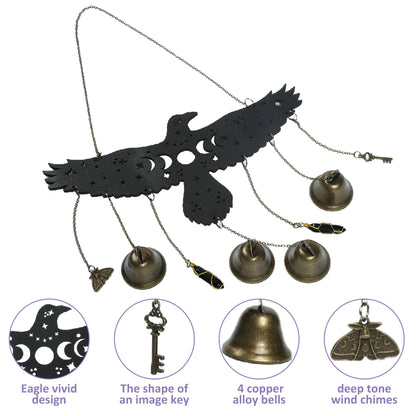 Witch Eagle Bells Wall Hanging - Witchy Home Decor with Moon Phases & Stars, Witchy Decor Aesthetic Wind Chime for Gothic Bedroom Bathroom Home Halloween Wall Decorations