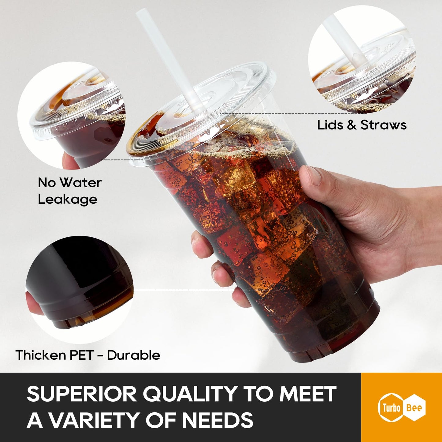Turbo Bee 50 Sets 32 OZ Clear Plastic Cups with Lids and Straws, Disposable To Go Iced coffee cups with lids for Cold Drinks, Smoothie, and Slushie