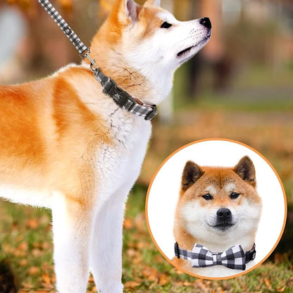 IVY&LANE Dog Collar with Bowtie and Leash Set | Plaid Adjustable Dog Collar | Detachable Bow Tie |5 FT Dog Leash | for Small Medium Large Dogs | Checkered Black | Large