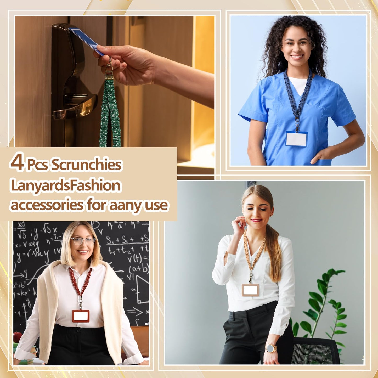 4 Pcs Teacher Lanyard Scrunchie for ID Badges and Keys Cute Wizard Style Stretchy Scrunchie Lanyards for Teachers Appreciation Gifts Nurses Employee Team Women Office School Gifts