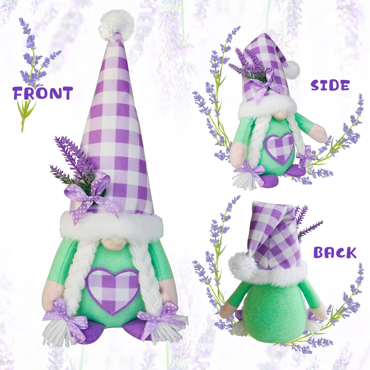KnomeKo Spring Gnome Decor Set of 2, Lavender Gnomes with Sage Green & Purple Ribbon Bows, Plush Swedish Gnome Decorations for Home Tiered Tray Farmhouse Kitchen, Birthday Gift for Women