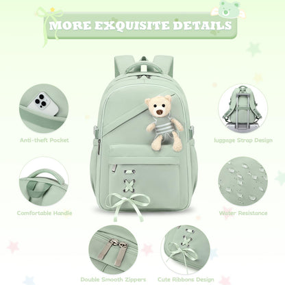 ACESAK School Backpack for Girls - 3 PCS Cute Girls Backpack with Lunch Box & Pencil Case - Kawaii Casual Kids Bookbag School Bag Daypacks Set for Elementary Middle High School Student Teens (Green)