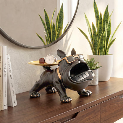 Nagpew French Bulldog Tray, Resin Bulldog Statue Candy Dish, Cool Black Key Holder Jewelry Bowl Decor for Entryway, Table, Office, Modern Art