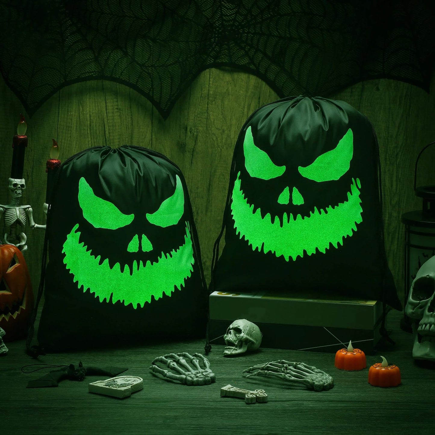 Kingdder 2 Pcs Halloween Glow in The Dark Ghost Bag 16.5 x 13.4 Inch Treat Bags with Drawstrings Cloth Candy Sack Luminous Reusable Tote Bags for Halloween Party Favors Supplies Gift (Fierce)