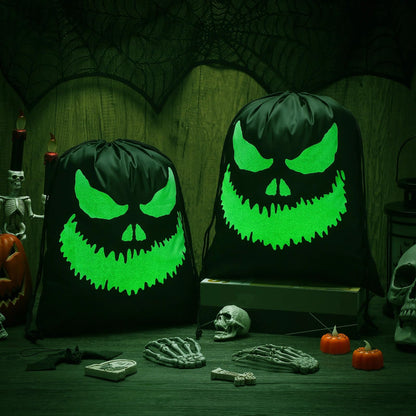 Kingdder 2 Pcs Halloween Glow in The Dark Ghost Bag 16.5 x 13.4 Inch Treat Bags with Drawstrings Cloth Candy Sack Luminous Reusable Tote Bags for Halloween Party Favors Supplies Gift (Fierce)