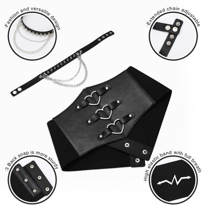 JKEEMI Women Corset Belt With Black Choker Set，Heart-Ring Wide Elastic Waist Goth Leather Corset for Daily Cosplay Halloween Costume Gifts