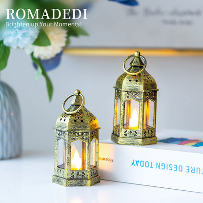 Romadedi Mini Lanterns Decorative for Centerpiece: 10pcs Hanging Small Gold Lantern Bulk with Flickering LED Candles for Wedding Decor Party Table Decorations Christmas Halloween, Batteries Included