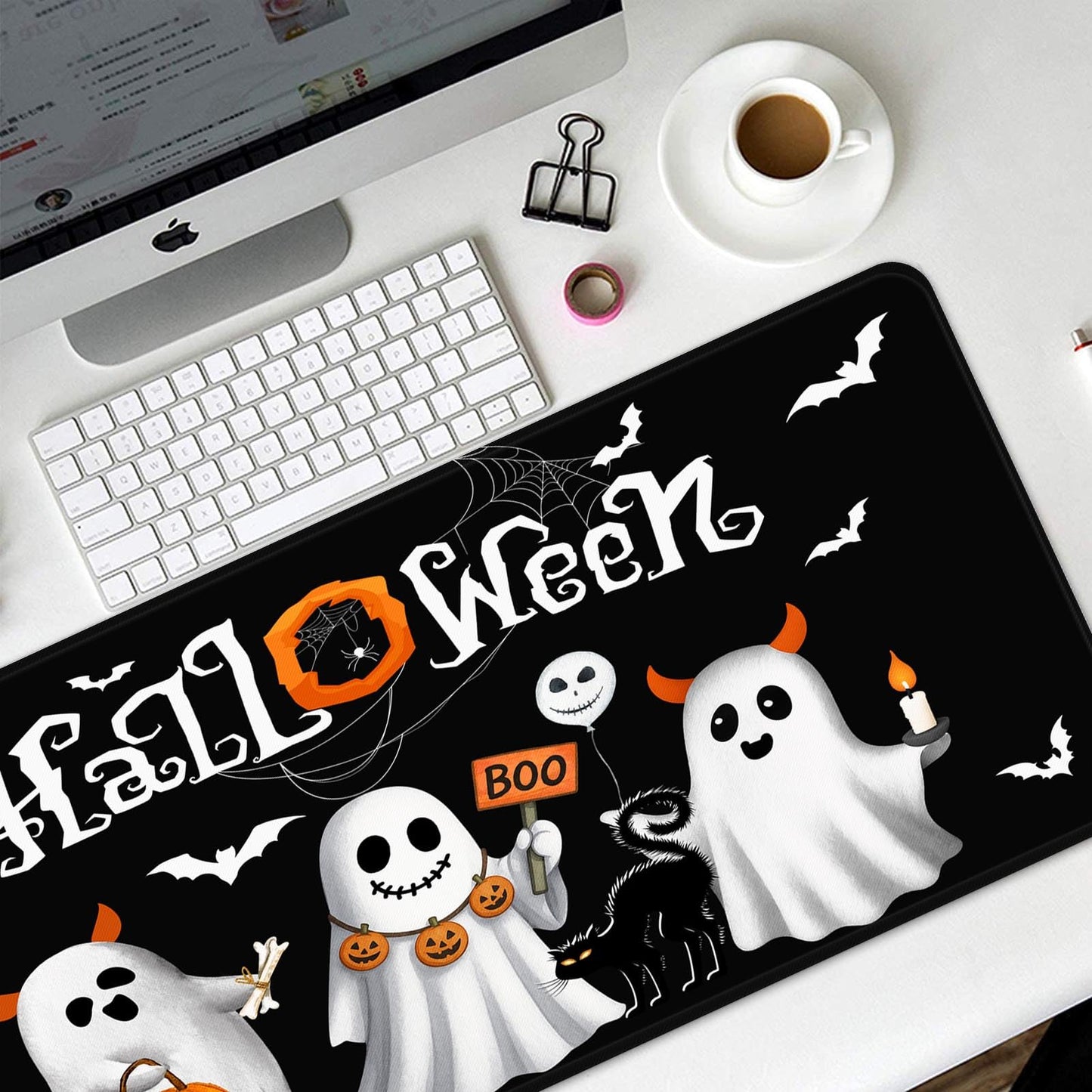 Britimes Halloween White Cute Ghost Large Mouse Pad Non-Slip Desk Pad Keyboard and Mouse Desk Mat Pumpkin Bat Black Gaming Mousepad for Game,Office & Home,31.5 x 15.7 in