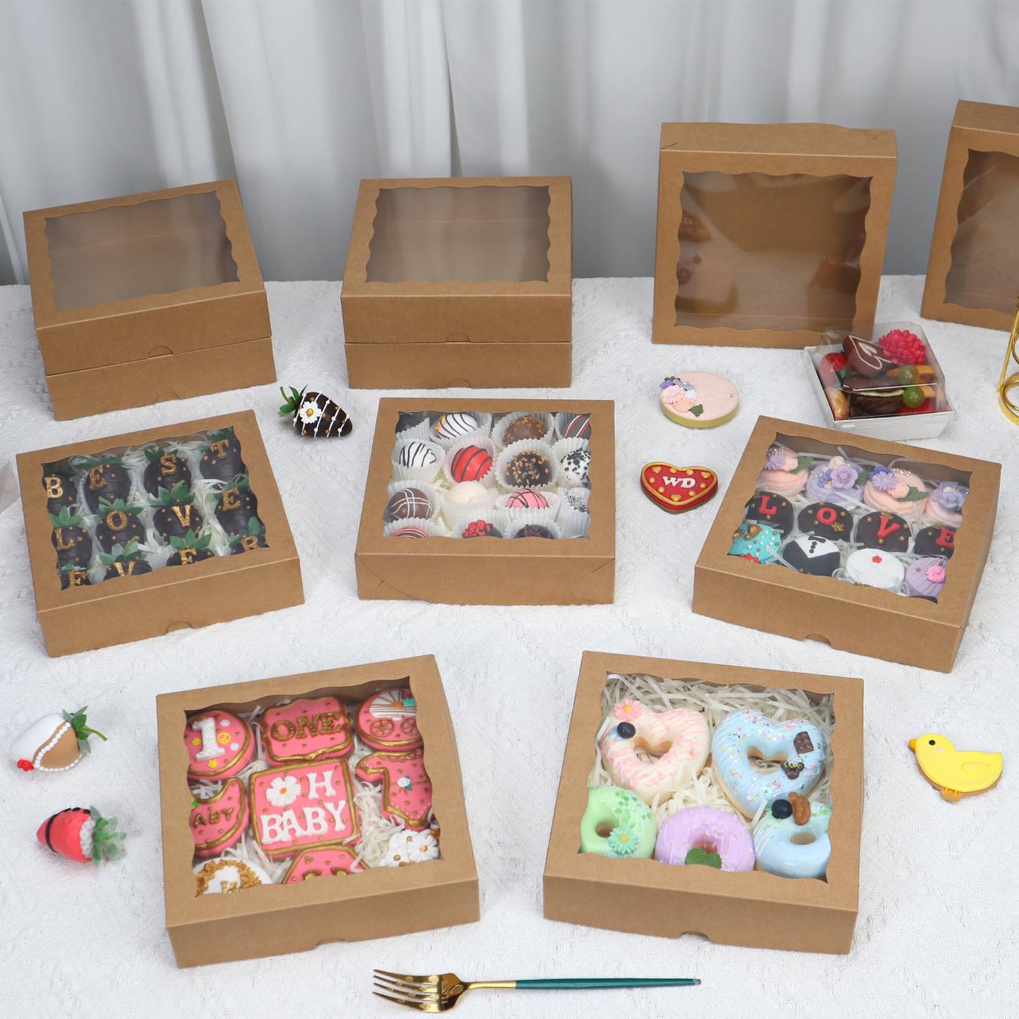 TEMLQPACK 15pcs 8x8x2 Inch Brown Bakery Boxes with Window - Christmas Cookies/Cakesicle Storage