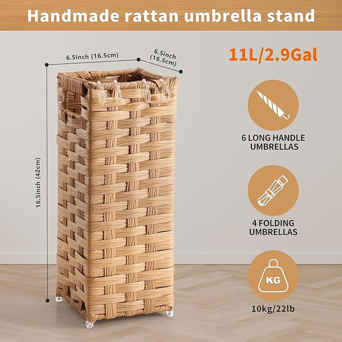 Rattan Umbrella Stand, Umbrella Holder for Entryway, Hand Woven Umbrella Rack Organizer Freestanding, with a Detachable Drip Tray, 4 Hooks, 6.5" L x 6.5" W x 16.5" H, Natural