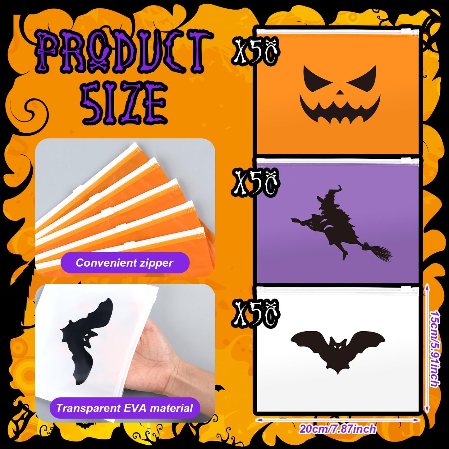 Mimorou 150 Pcs Halloween Treat Bags Bulk EVA Witch Bat Pumpkin Goodie Bag Travel Purse Pouch Toiletry Organizer with Zipper for Women Snacks Candy Gift Bags for Halloween Party Favors (3 Styles)
