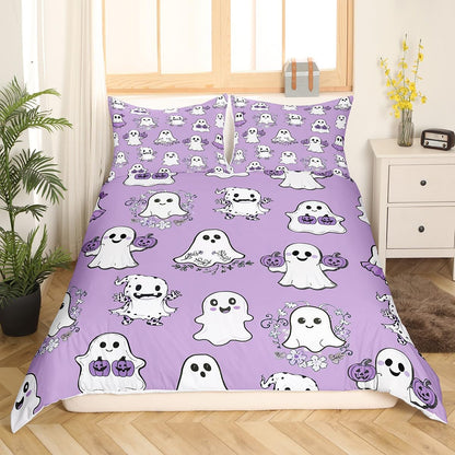 Cute Ghost Kids Duvet Cover Set Full Size, Halloween Theme Purple Bedding Set for Boy Girls, Pumpkin Lantern Floral Ghosts Comforter Cover, Soft Polyester Quilt Cover, 2 Pillowcases, No Comforter