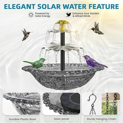 Solar Fountain for Bird Bath, Hanging Cascade Water Feature for Outdoor Garden & Yard Decor, Creates a Relaxing Flow that Attracts Birds (Gray)
