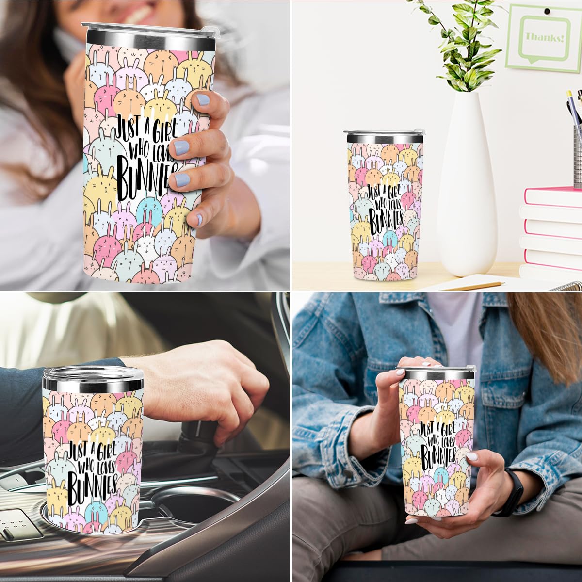 Funny Bunny Tumbler,Bunny Stuff 20 oz Stainless Steel Coffee Mug，Travel Cup，Insulated Cup with Lid for Car, Perfect Gifts for Girl Bunnies Lover Niece Friend Coworker Christmas Birthday