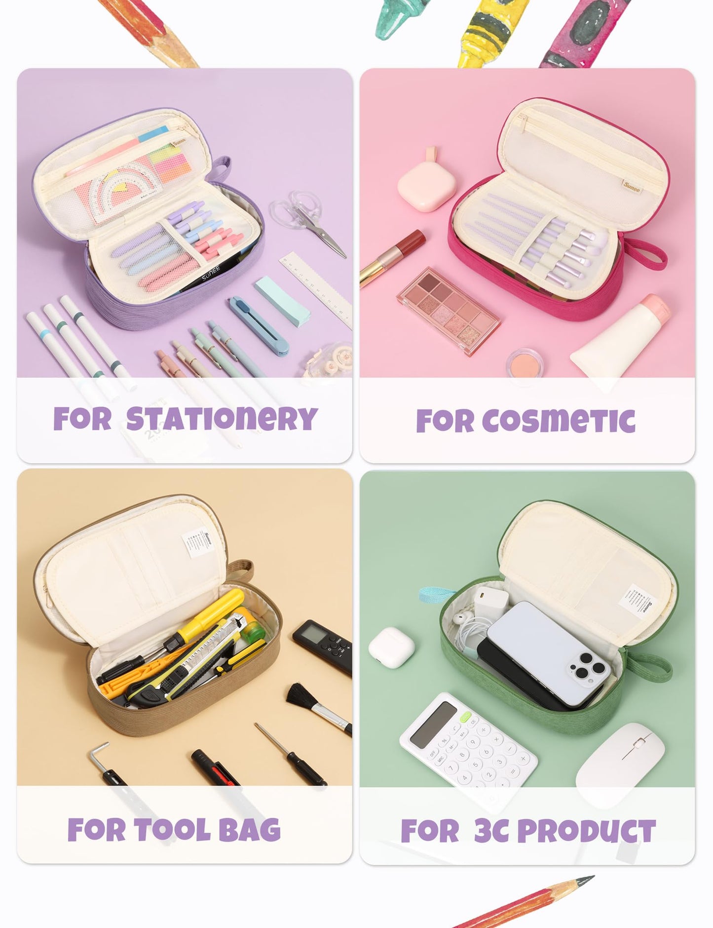 SUNEE Cute Pencil Case, Large Pencil Pouch, Soft Corduroy Fabric Big Pencil Bag with Zipper, Kawaii Pen Bag Stationery Storage and Organizer, School Supplies for Teen, Student, Boys,Girls, Soft Purple
