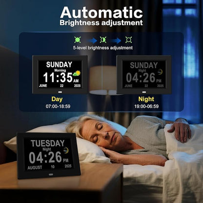 8‘’ Digital Calendar Day Clock, Gifts for People with Dementia Alzheimers, Large Display Alarms Clock for Seniors Electric Clocks with Date Day of Week 12 Alarms 4 Colors Auto DST/Dimmer