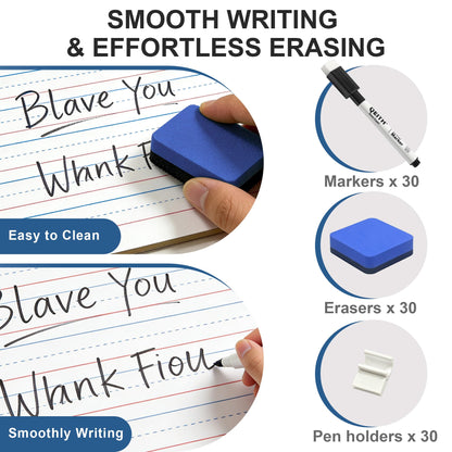 Dry Erase Boards, 30 Pack 9 x 12 Inch Mini Portable Practice White Boards with 30 Markers, 30 Erasers, Double Sided Personal Small Whiteboards with Lines for Kids, Students, Teachers Classroom School