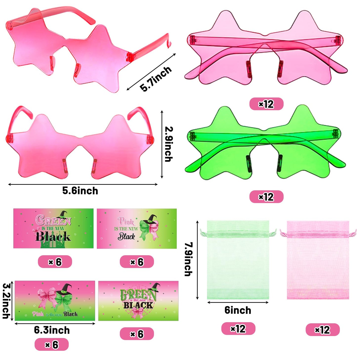 Tellegloww 24 Set Witch Party Favor Pink and Green Star Sunglasses Princess and Witch Cards Organza Bags Birthday Party Supplies Decorations