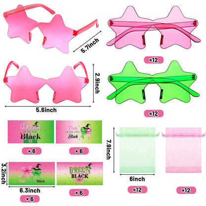 Tellegloww 24 Set Witch Party Favor Pink and Green Star Sunglasses Princess and Witch Cards Organza Bags Birthday Party Supplies Decorations