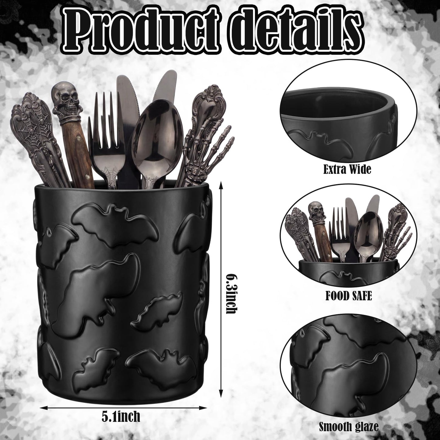Yungyan Ceramic Bat Utensil Holder for Kitchen, Gothic Kitchen Accessories, Large Capacity 3D Bat Storage Pen Holder for Vanity Desk Bathroom Office Halloween Scary Party Decoration