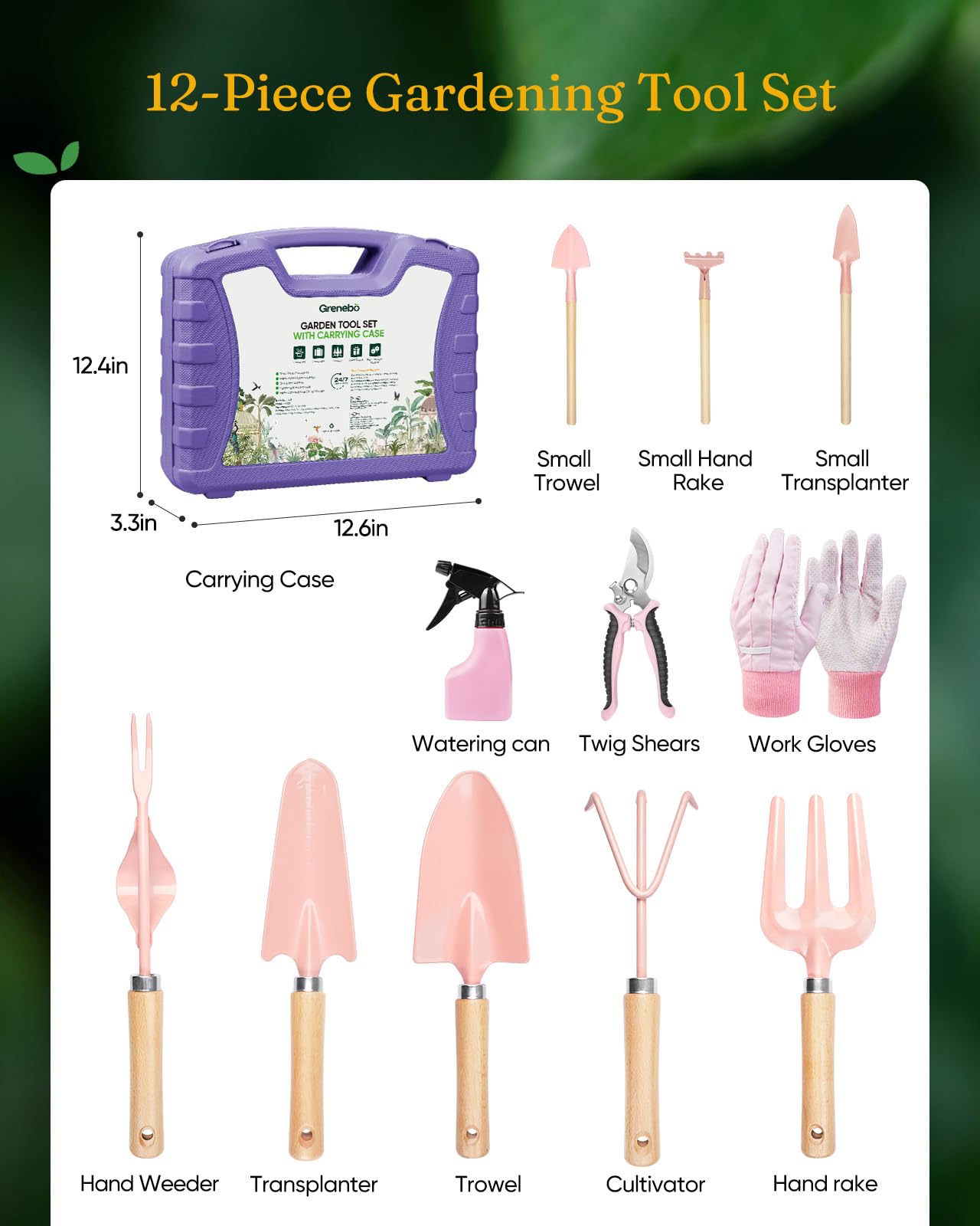 Grenebo 12-Piece Womens Gardening Tools Gift Set, Rust-Proof & Heavy-Duty Garden Tools with Durable Carrying Case, Fashionable & Thoughtful Gardening Gifts for Women&Men (Purple-Pink)