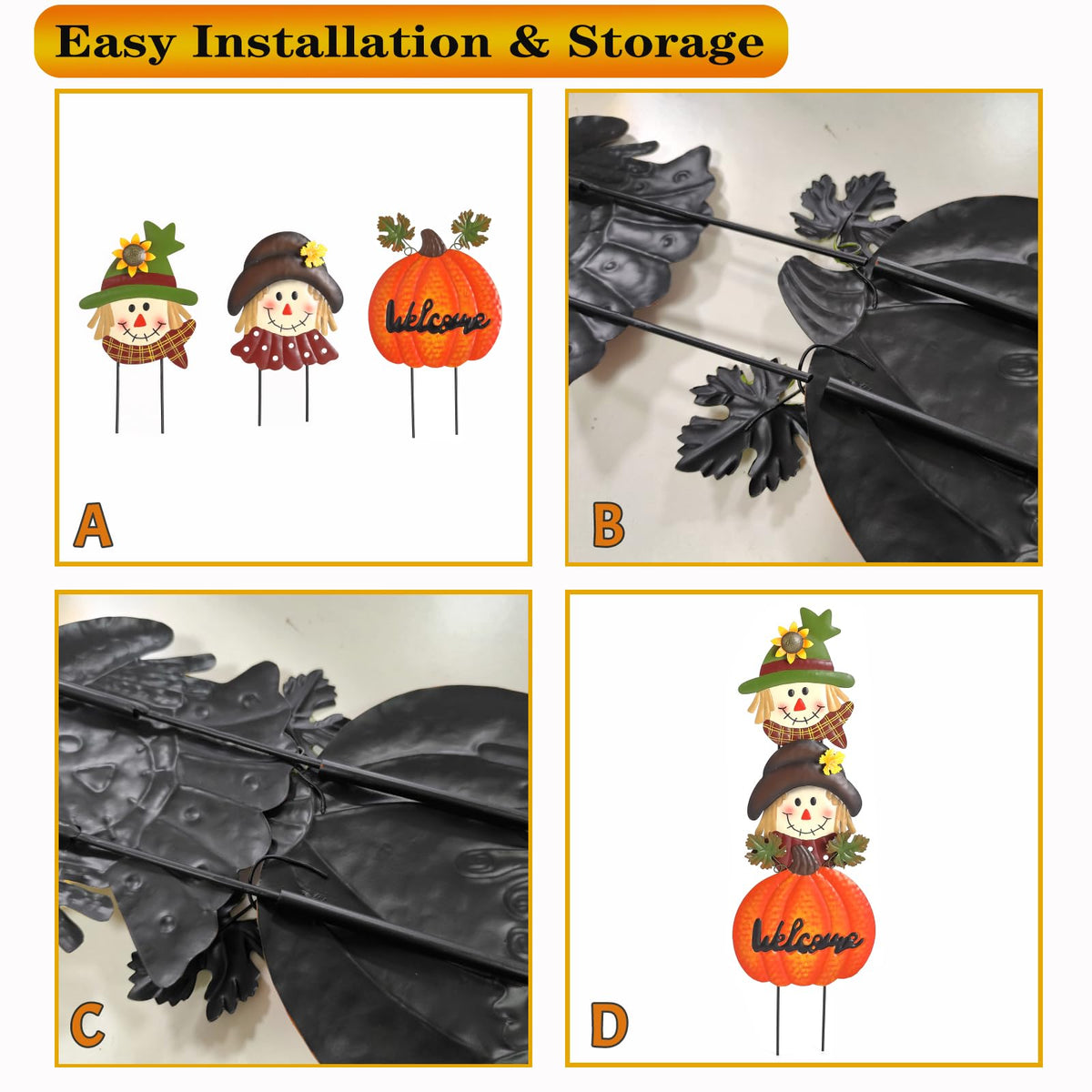 Fall Decorations for Home Outdoor, Metal Stacked Scarecrow & Pumpkin Yard Stakes, Welcome Sign Garden Stakes, Metal Yard Signs for Garden Lawn Patio Halloween/Thanksgiving Decor