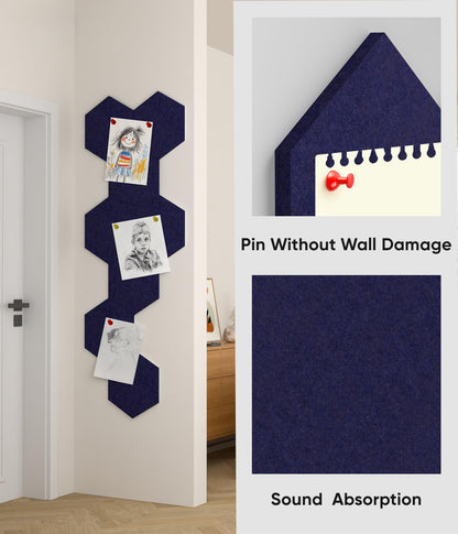 Toptople 12 Inch Large Hexagon Cork Board for Walls, 8 Pack Felt Bulletin Board Tiles, Pin Board with Push Pins for Office Photo and Note, Navy Blue