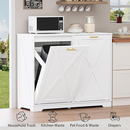 Double Tilt Out Trash Can Cabinet, Wooden Farmhouse Kitchen Garbage Bin Enclosure with Negative Ion Odor Control, Hidden Dog Proof Trash or Laundry Basket Storage for Laundry Room, White