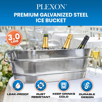 PLEXON Metal Ice Bucket for Parties - Galvanized Tub with Handles - Beverage Tub - Ice Bucket for Cocktail Bar Restaurant - Drink Beer Champagne Chiller Cooler - 5.3 Gallon (20L), Set of 2