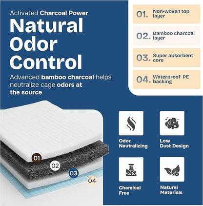 PHOBA Bamboo Charcoal Bird Cage Liners, 18''x24'', 100Sheets, Bamboo Charcoal Odor Control Papers, Super Absorbent Disposable Tray Mats for Parrots, Parakeets, Cockatiels.