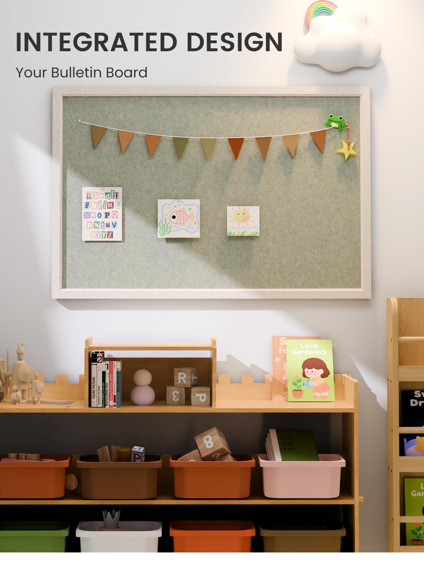 Fluxynara Foldable Cork Board Alternative, Felt Bulletin Board 35.4" x 23.6" Oatmeal Frame with 24 Adhesive Tabs, Pin Board for Home Office, Classroom, Entryway, Kitchen Wall Decor—Sage