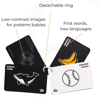 Happy Start High Contrast Baby Cards for Newborns - Black & White Cards, Water-Resistant, BPA-Free, Portable Educational Flashcards for Visual Stimulation, Award-Winning, Ages 0+ (English & Español)