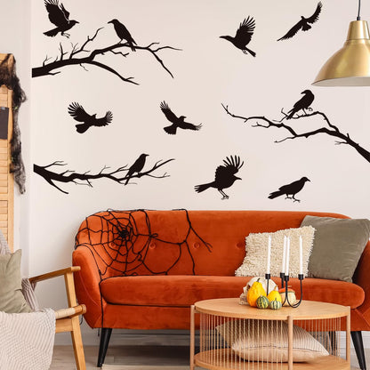 Raven Peel and Stick Wall Stickers - Black Crows, Winter Branches, Halloween Tree Branch Designs - Removable Vinyl Decals