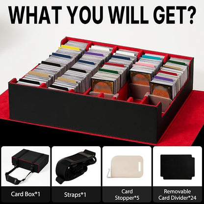 Magnetic Leather Trading Card Storage Box - 5-Row Deck Case Design, 3900+ Capacity for YuGiOh, MTG, TCG and Sports Cards, Includes 24 Colorful Dividers & 5 Card Supports（Black/Red）