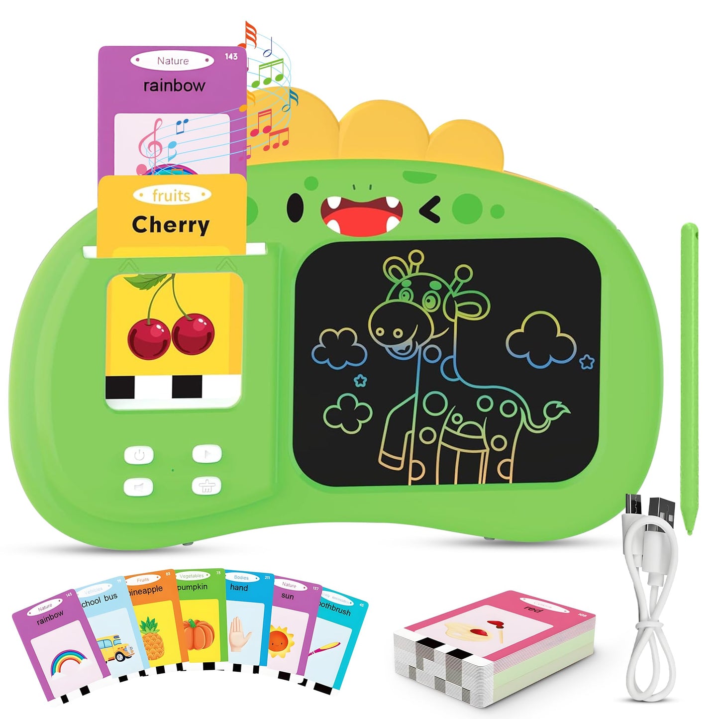 Henry & Colin Smart Talking Flash Cards Reader with LCD Writing Drawing Tablet Card for Kids – Colorful Drawing Pad, Educational Toy, Reusable Board, Travel Essential for Boys & Girls (Green)