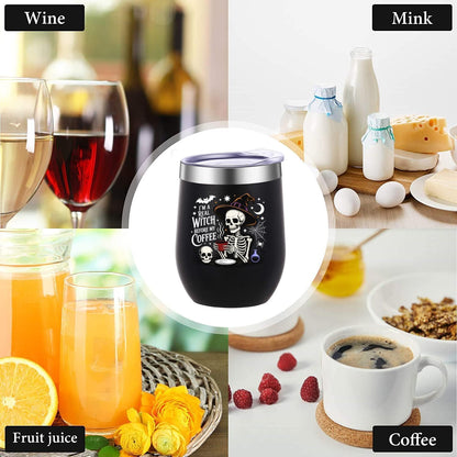 ATHAND Halloween Witch Wine Tumbler,12 Oz Insulated Stainless Steel Iced Coffee Tumbler with Lid,Funny Travel Coffee Mug Cup,Halloween Gothic Witchy Gift for Women Girls(Black)