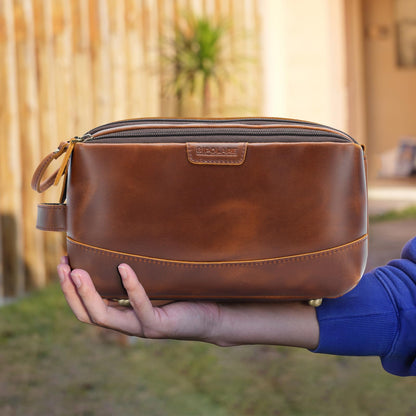 Polare Full Grain Leather Toiletry Bag for Men Large Travel Cosmetic Case Dopp Kit Shaving Kit Wash Pouch with YKK Zippers (Brown)