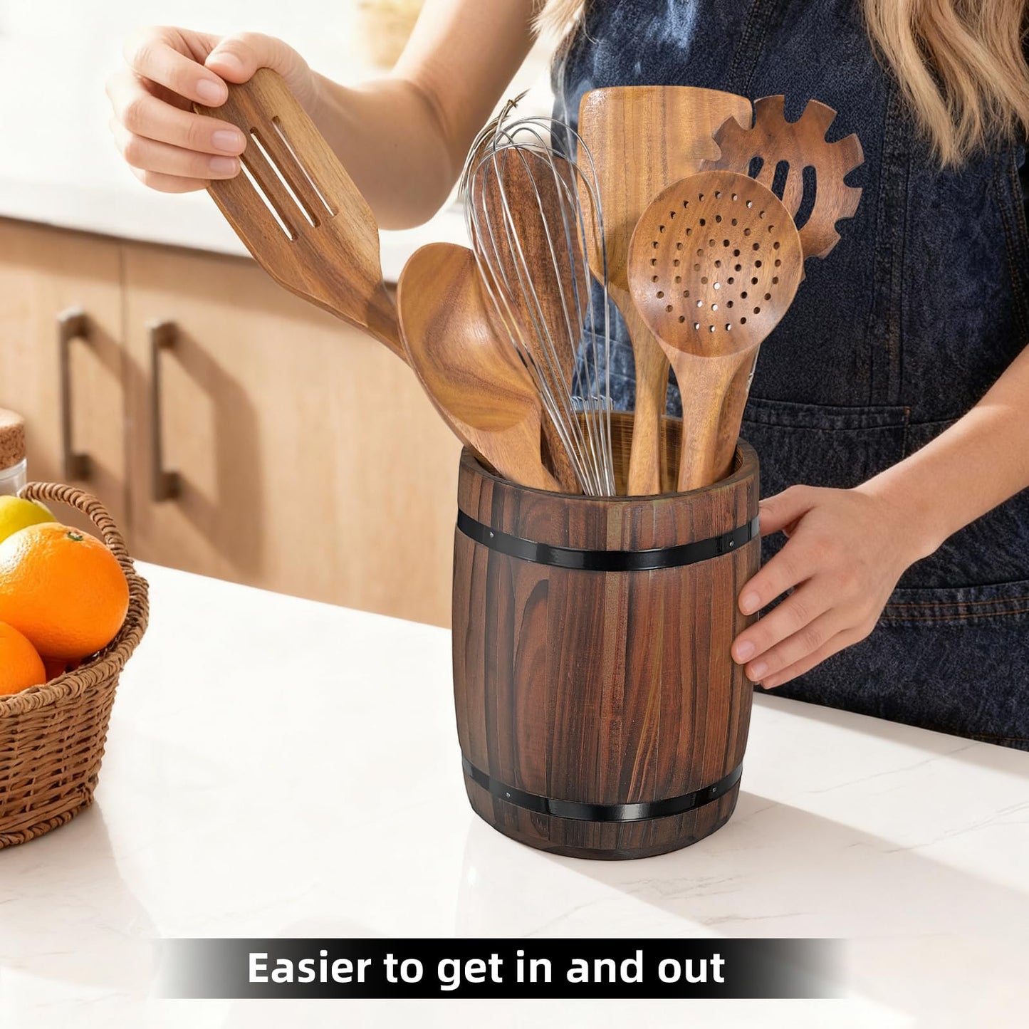Tomato Garden Wooden Utensil Holder, Brown, Barrel Shape, Holds Spoons and Scoops, Wine Barrel Design, Painted, Smooth Surface, Sturdy Construction