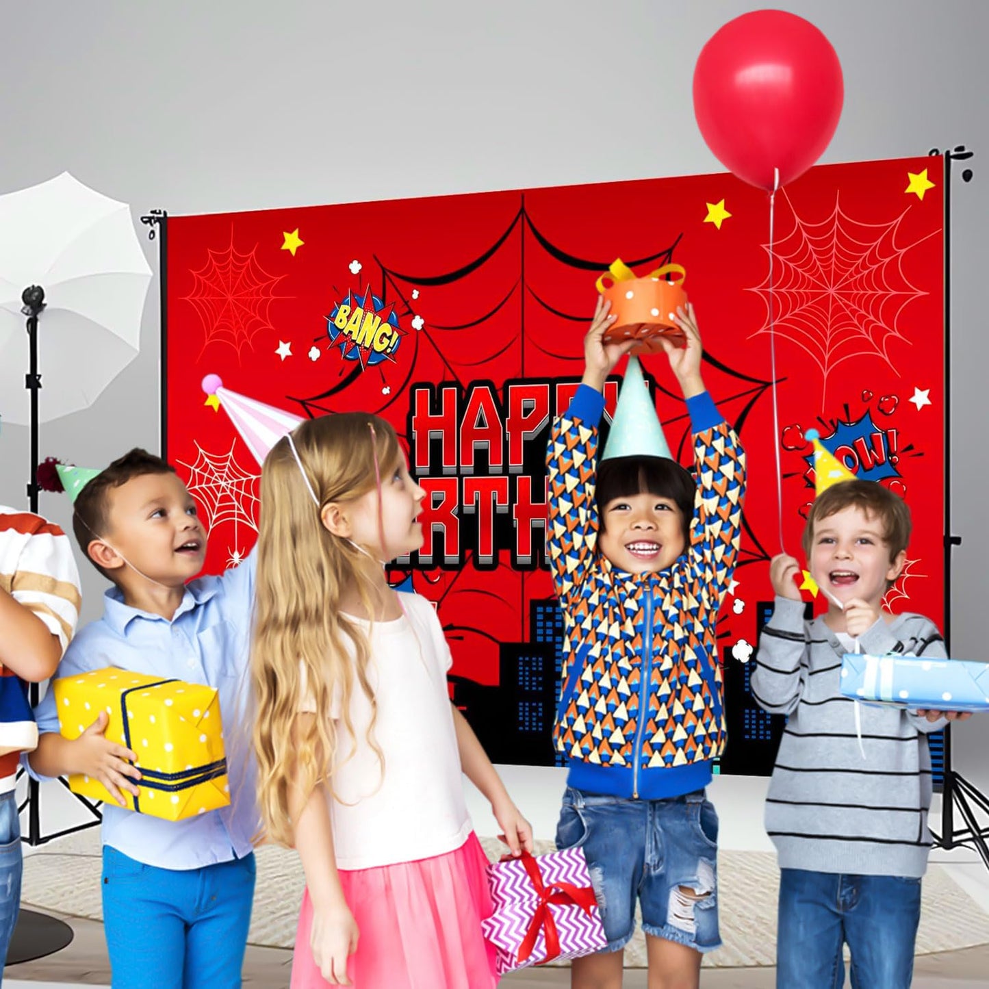 Favuit Red Spider Web Backdrop for Birthday Party Decoration, 7 x 5ft Photo Background Banner Red and Blue Cartoon Theme Party Supplies for Boys Baby Shower Wall Decor Photo Booth Props (7 x 5ft)