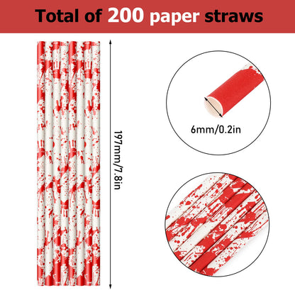 Whaline 200Pcs Halloween Paper Straws - Bloody Handprint Disposable Drinking Straws for Juices, Shakes, Cocktails - Red White Horror Theme Party Supplies Decoration